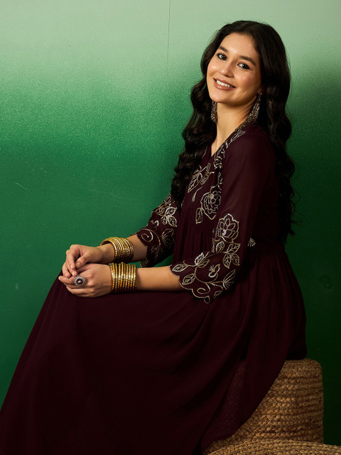 Sangria Brown Floral Embroidered V-Neck A-Line Kurta With Palazzo Set - Image 7
