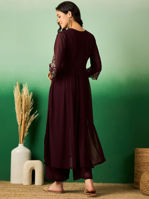 Sangria Brown Floral Embroidered V-Neck A-Line Kurta With Palazzo Set - Image 5
