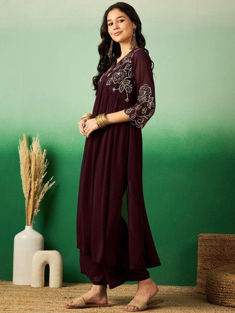 Sangria Brown Floral Embroidered V-Neck A-Line Kurta With Palazzo Set - Image 4