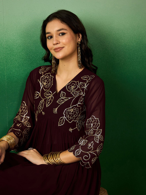 Sangria Brown Floral Embroidered V-Neck A-Line Kurta With Palazzo Set - Image 2