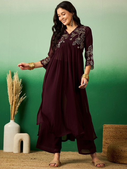 Sangria Brown Floral Embroidered V-Neck A-Line Kurta With Palazzo Set - Image 6