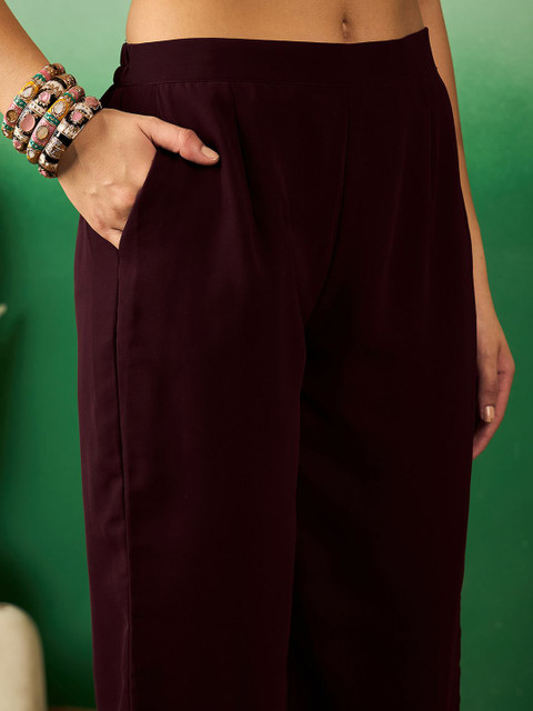 Sangria Brown Floral Embroidered V-Neck A-Line Kurta With Palazzo Set - Image 3
