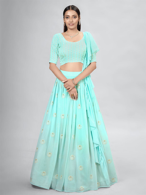 ODETTE Embroidered Thread Work Semi Stitched Lehenga With Unstitched Blouse & Dupatta