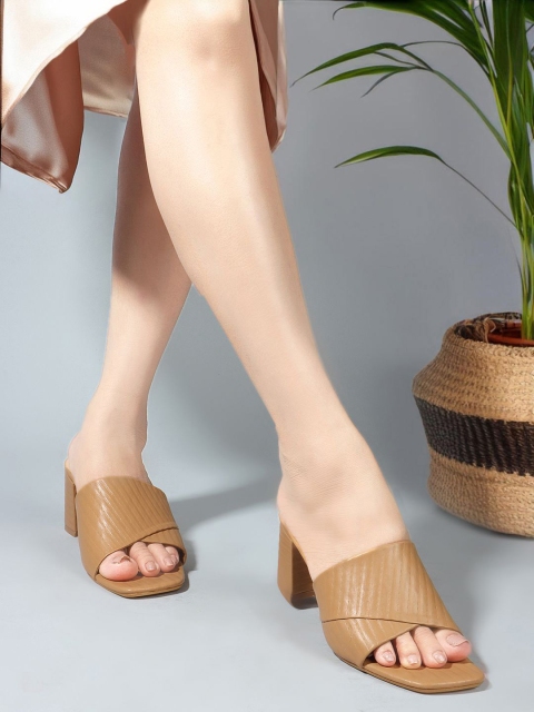 Mast & Harbour Beige Textured Open Toe Block Heels