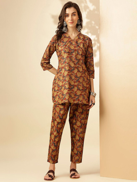 Saanjh Maroon & Black Printed V-Neck Top With Trouser