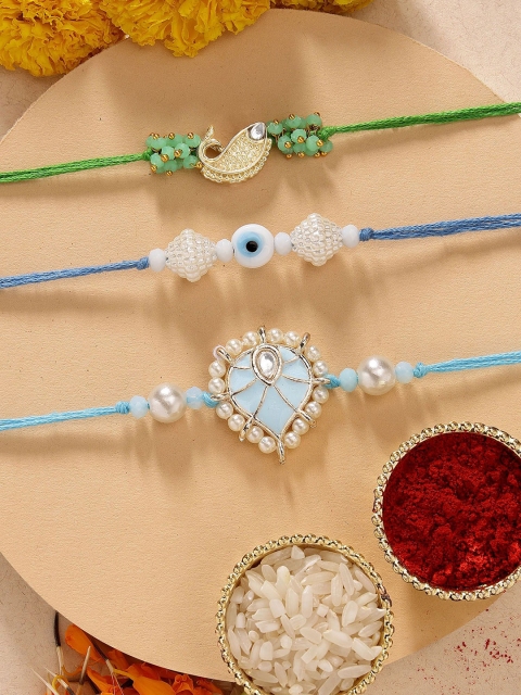 KARATCART Set of 3 Fish & Evil Eye Kundan Rakhis with Roli & Chawal