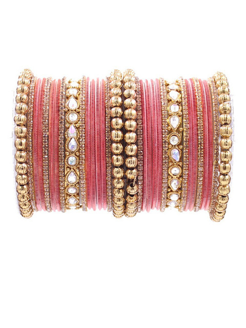 leshya Set Of 32 Brass Plated Stones Studded Ethnic Bangles