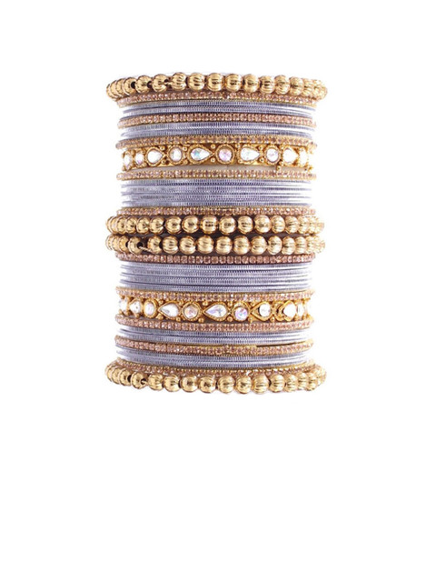 leshya Set Of 32 Brass Plated Stone Studded & Beaded Bangles - Image 2