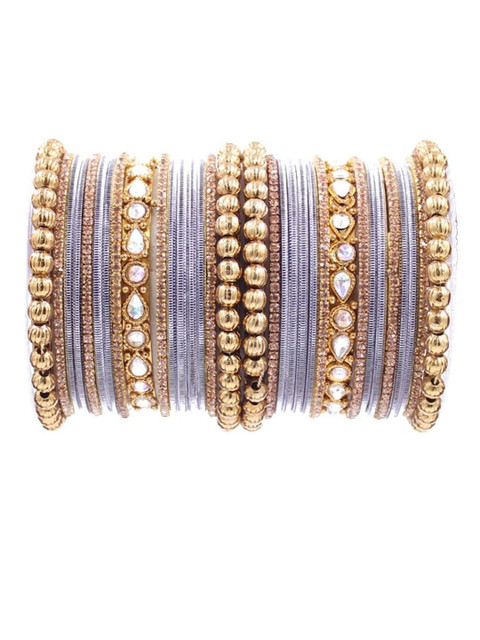 leshya Set Of 32 Brass Plated Stone Studded & Beaded Bangles