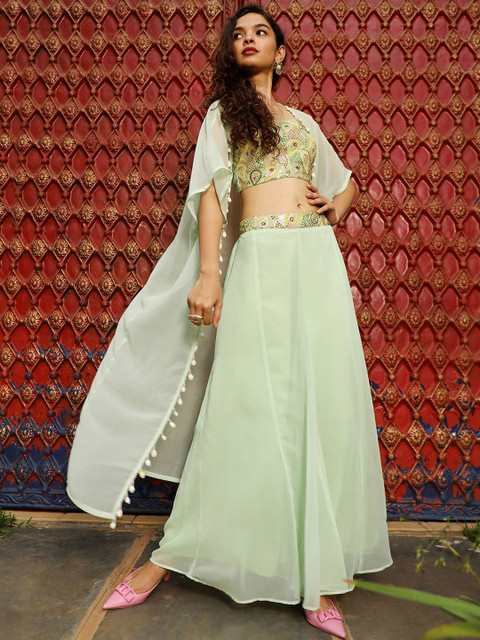QISSA Embroidered Top With Palazzo & Shrug