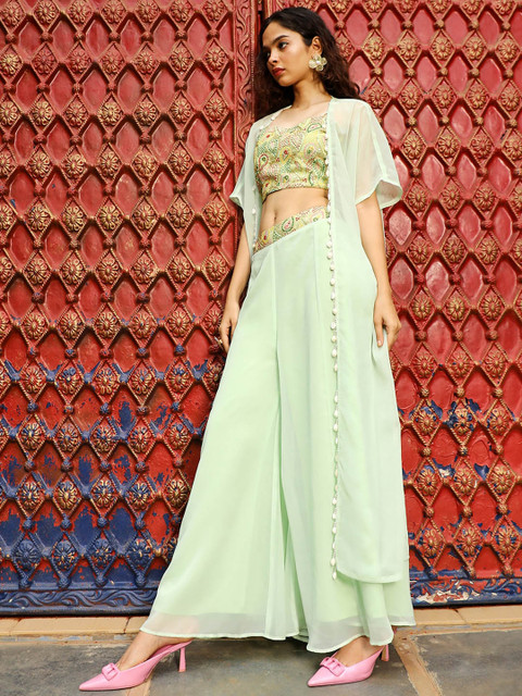 QISSA Embroidered Top With Palazzo & Shrug - Image 3