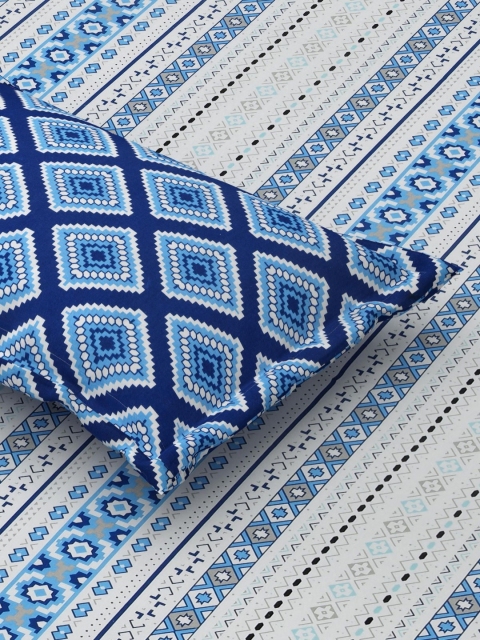 Salona Bichona Blue & White Floral Pure Cotton 120 TC King Bedsheet with 2 Pillow Covers - Image 4