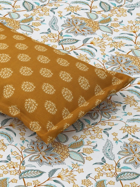 Salona Bichona Mustard & White Floral 120 TC King Bedsheet with 2 Pillow Covers - Image 5