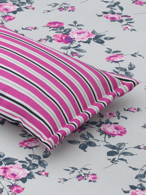 Salona Bichona Pink & White Floral 120 TC King Bedsheet with 2 Pillow Covers - Image 7