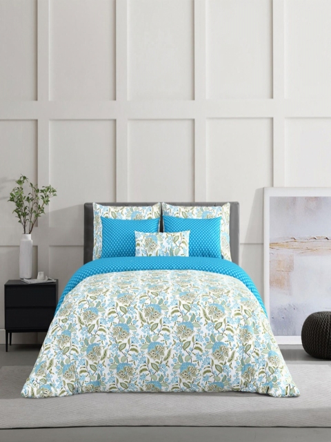 Salona Bichona Blue & White Floral Pure Cotton 120 TC King Bedsheet with 2 Pillow Covers - Image 2