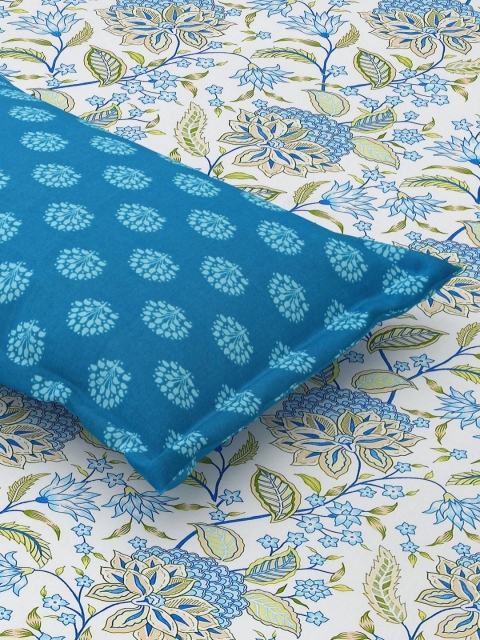 Salona Bichona Blue & White Floral Pure Cotton 120 TC King Bedsheet with 2 Pillow Covers - Image 6
