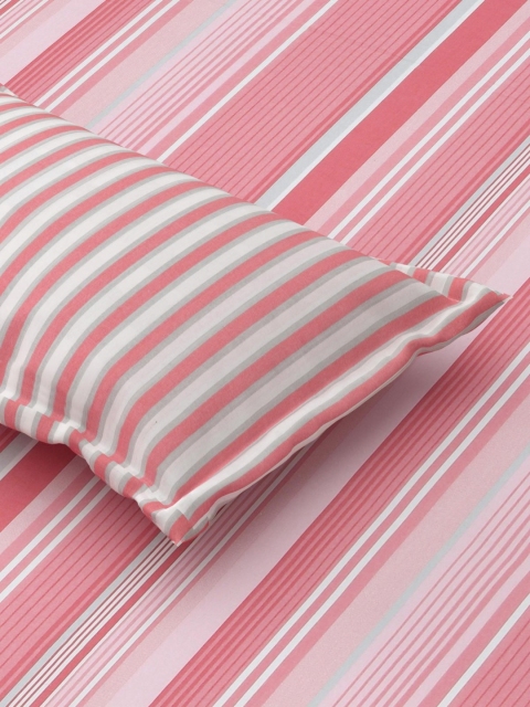 Salona Bichona Pink & White Striped Pure Cotton 120 TC King Bedsheet with 2 Pillow Covers - Image 7
