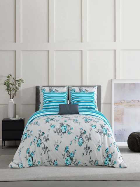 Salona Bichona Turquoise Blue & White Floral 120 TC King Bedsheet with 2 Pillow Covers - Image 2