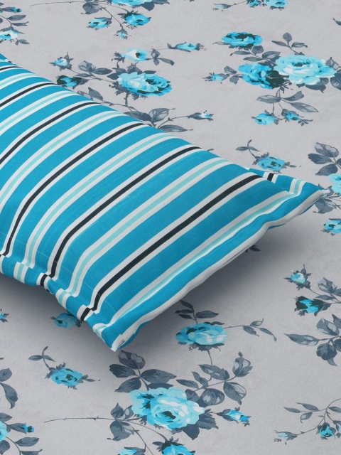 Salona Bichona Turquoise Blue & White Floral 120 TC King Bedsheet with 2 Pillow Covers - Image 4