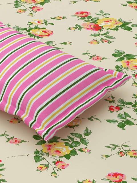 Salona Bichona Beige & Green Floral 120 TC King Bedsheet with 2 Pillow Covers - Image 4