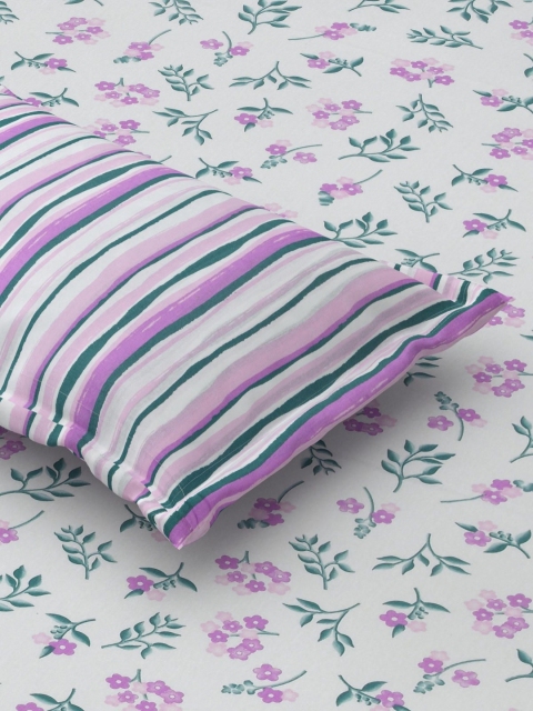 Salona Bichona Purple & Green Floral 120 TC King Bedsheet with 2 Pillow Covers - Image 4