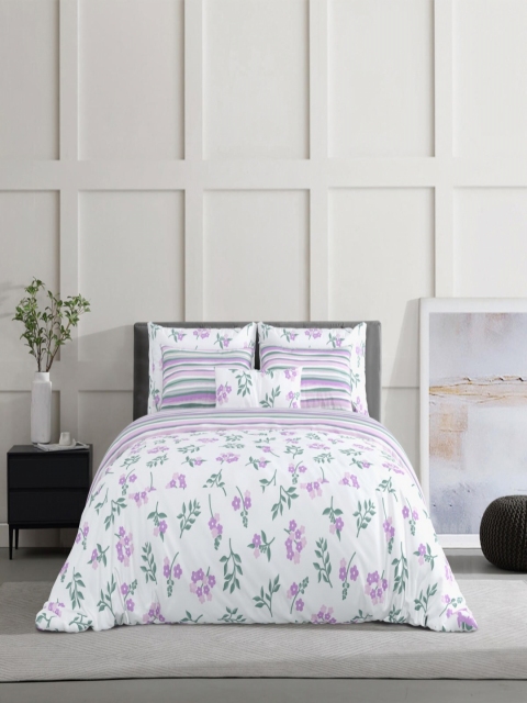 Salona Bichona Purple & Green Floral 120 TC King Bedsheet with 2 Pillow Covers - Image 2