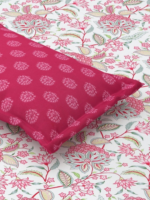 Salona Bichona Pink & White Floral Pure Cotton 120 TC King Bedsheet with 2 Pillow Covers - Image 4