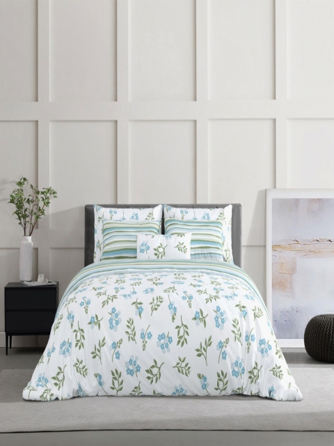 Salona Bichona Green & White Floral Pure Cotton 120 TC King Bedsheet with 2 Pillow Covers - Image 2