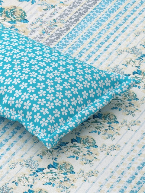 Salona Bichona Turquoise Blue & White Floral 120 TC King Bedsheet with 2 Pillow Covers - Image 4