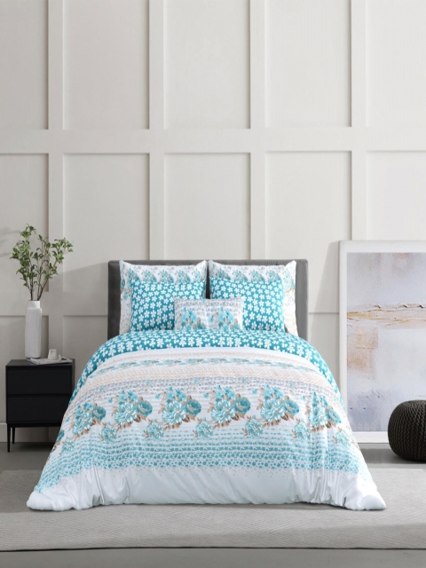 Salona Bichona Turquoise Blue & White Floral 120 TC King Bedsheet with 2 Pillow Covers - Image 2
