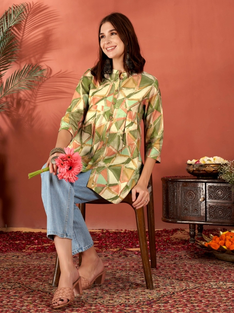 Anouk Green Geometric Printed Gotta Patti Short A-Line Kurta - Image 5