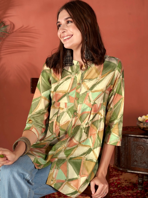 Anouk Green Geometric Printed Gotta Patti Short A-Line Kurta - Image 7