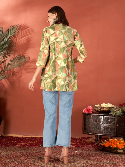 Anouk Green Geometric Printed Gotta Patti Short A-Line Kurta - Image 4