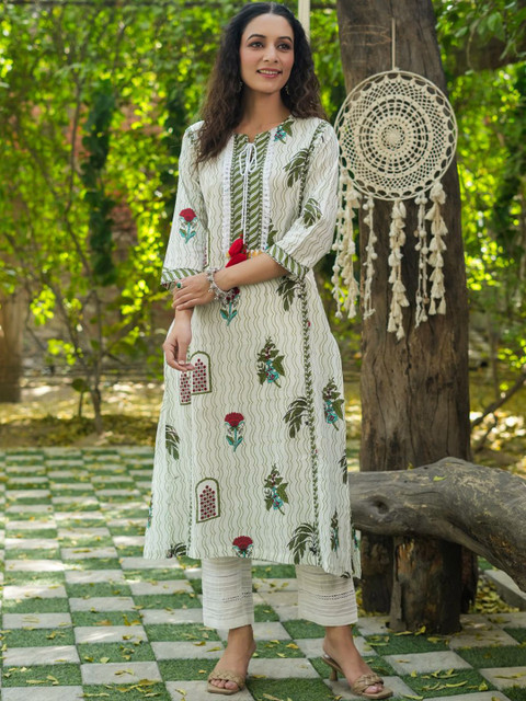 Rain & Rainbow Striped Keyhole Neck Cotton Sequinned Straight Kurta