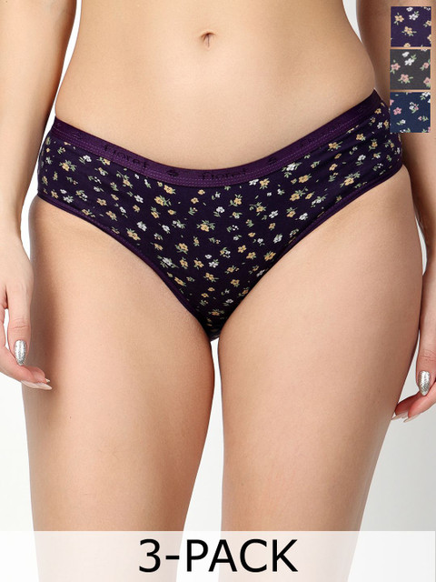 Floret Pack Of 3 Floral Printed Mid-rise Hipster Briefs