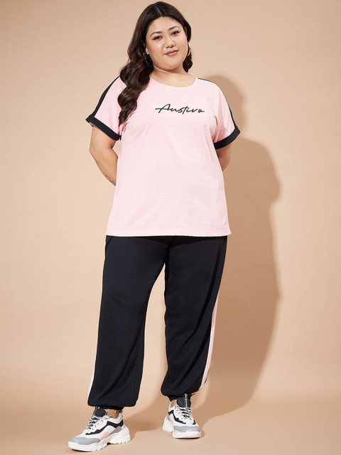 AUSTIVO Plus Size Typography Printed Round Neck Short Sleeves T-Shirt With Joggers