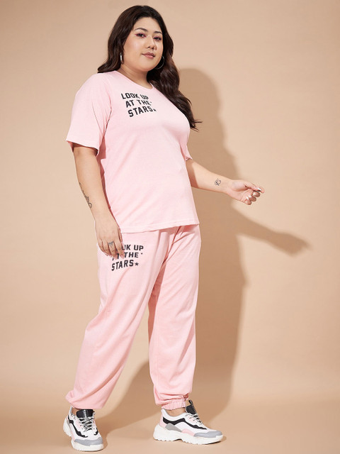 AUSTIVO Plus Size Typography Printed Round Neck Short Sleeves T-Shirt With Joggers - Image 4