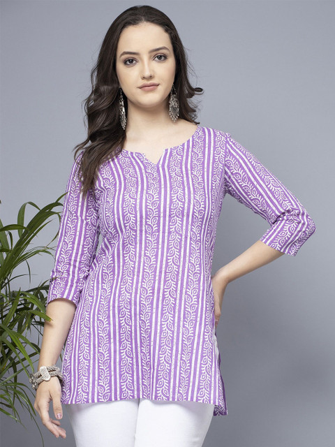 MANKSH Striped Ethnic Printed Round Neck Top