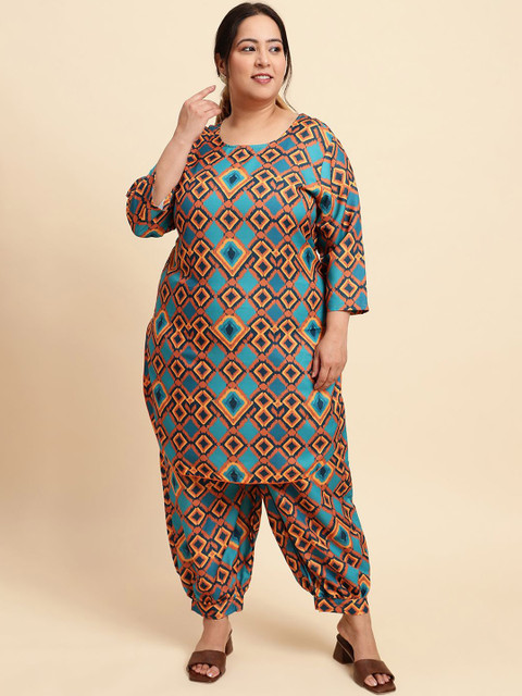 Sringam Plus Size Printed Round Neck Tunic With Trousers Co-Ords