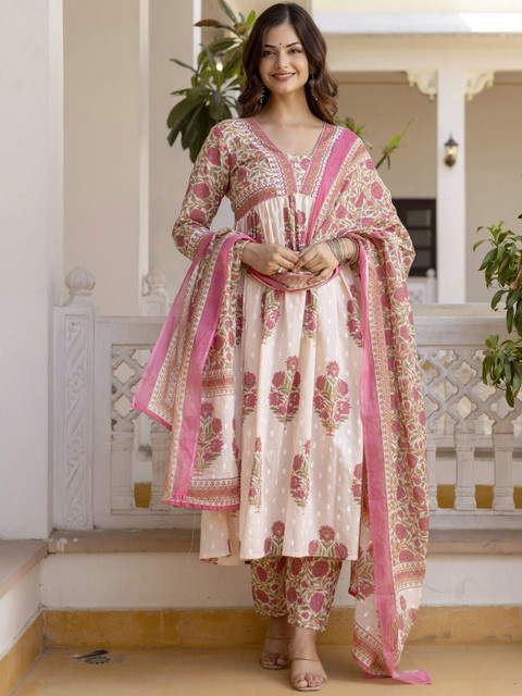 KALINI Floral Printed Regular Pure Cotton Kurta with Trousers & Dupatta