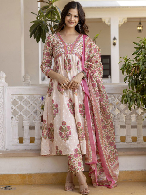 KALINI Floral Printed Regular Pure Cotton Kurta with Trousers & Dupatta - Image 5