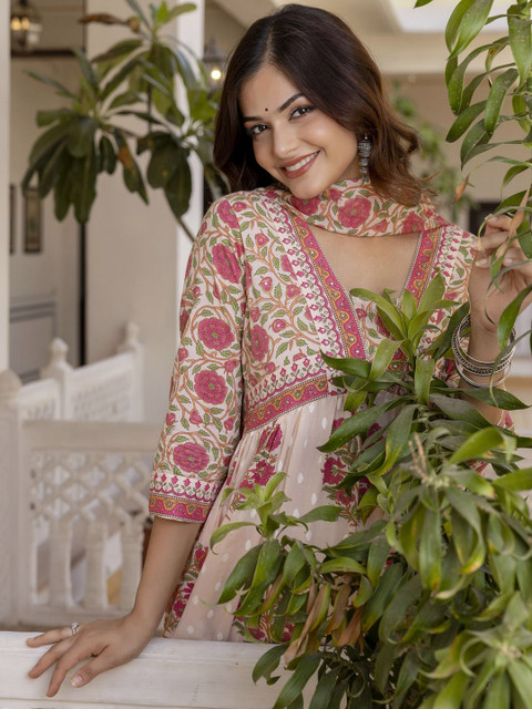 KALINI Floral Printed Regular Pure Cotton Kurta with Trousers & Dupatta - Image 6