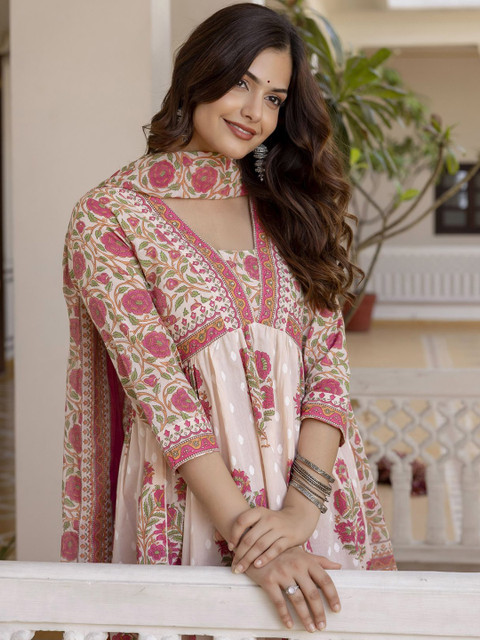 KALINI Floral Printed Regular Pure Cotton Kurta with Trousers & Dupatta - Image 2