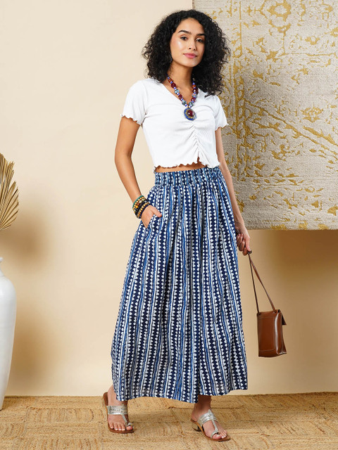 Globus Geometric Border Printed Elasticated Waistband Flared Fusion Palazzos