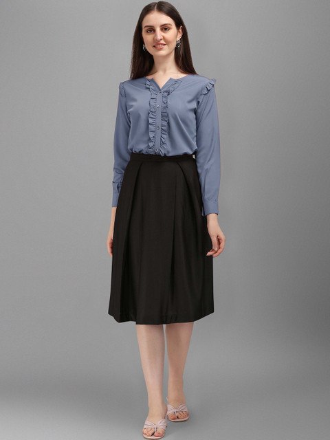 Kinjo Notch Neck Cuffed Sleeves Ruffle Detailed Top With Skirt