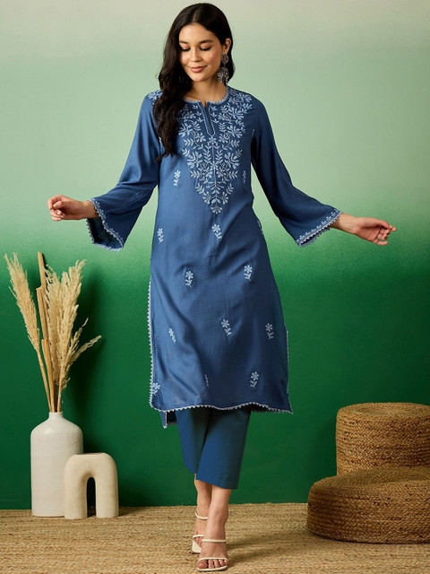 Sangria Navy Blue Embroidered Notch Neck Flared Sleeves Chikankari Straight Kurtas