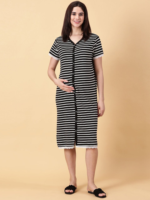 PURPLE FLAUNT V-Neck Short Sleeves Striped Pure Cotton Maternity Nightdress