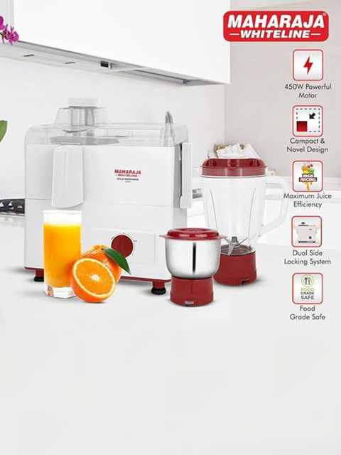 MAHARAJA WHITELINE White & Maroon Gala Happiness Metal Juicer Mixer Grinder With 2 Jars - Image 4
