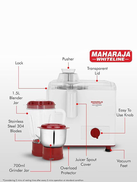MAHARAJA WHITELINE White & Maroon Gala Happiness Metal Juicer Mixer Grinder With 2 Jars - Image 5