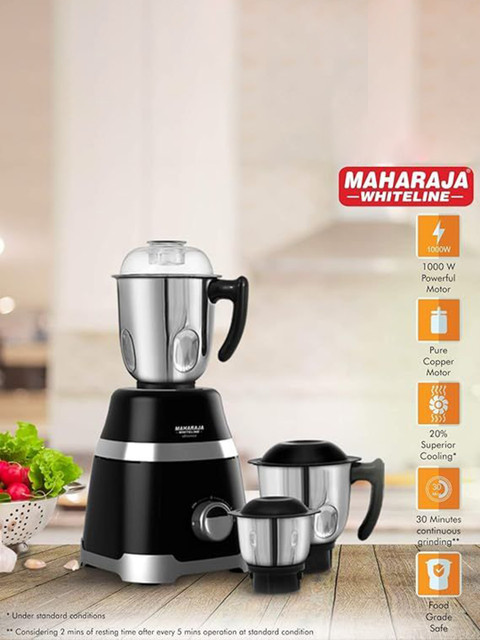 MAHARAJA WHITELINE 1000W Black & Silver Toned 4 Pieces Juicer Mixer Grinder With 3 Jars - Image 2